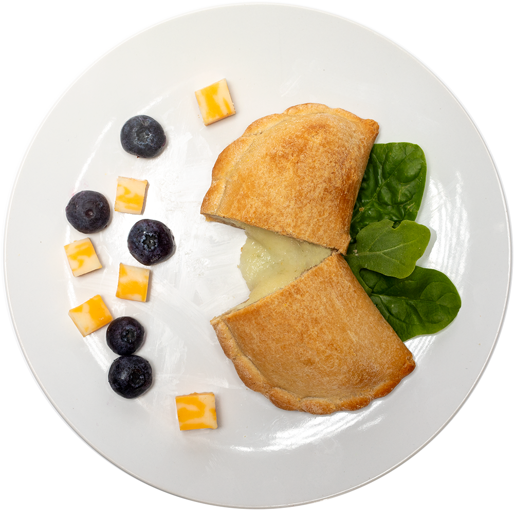 Image of the Original Cheesy Pocket product on a plate, with other assorted foods